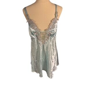 Flora Blue Lace Trim Satin Babydoll Chemise‎ Slip Dress Lingerie L